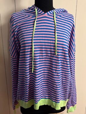 Striped Pink & Blue Hoodie with Lime Accents